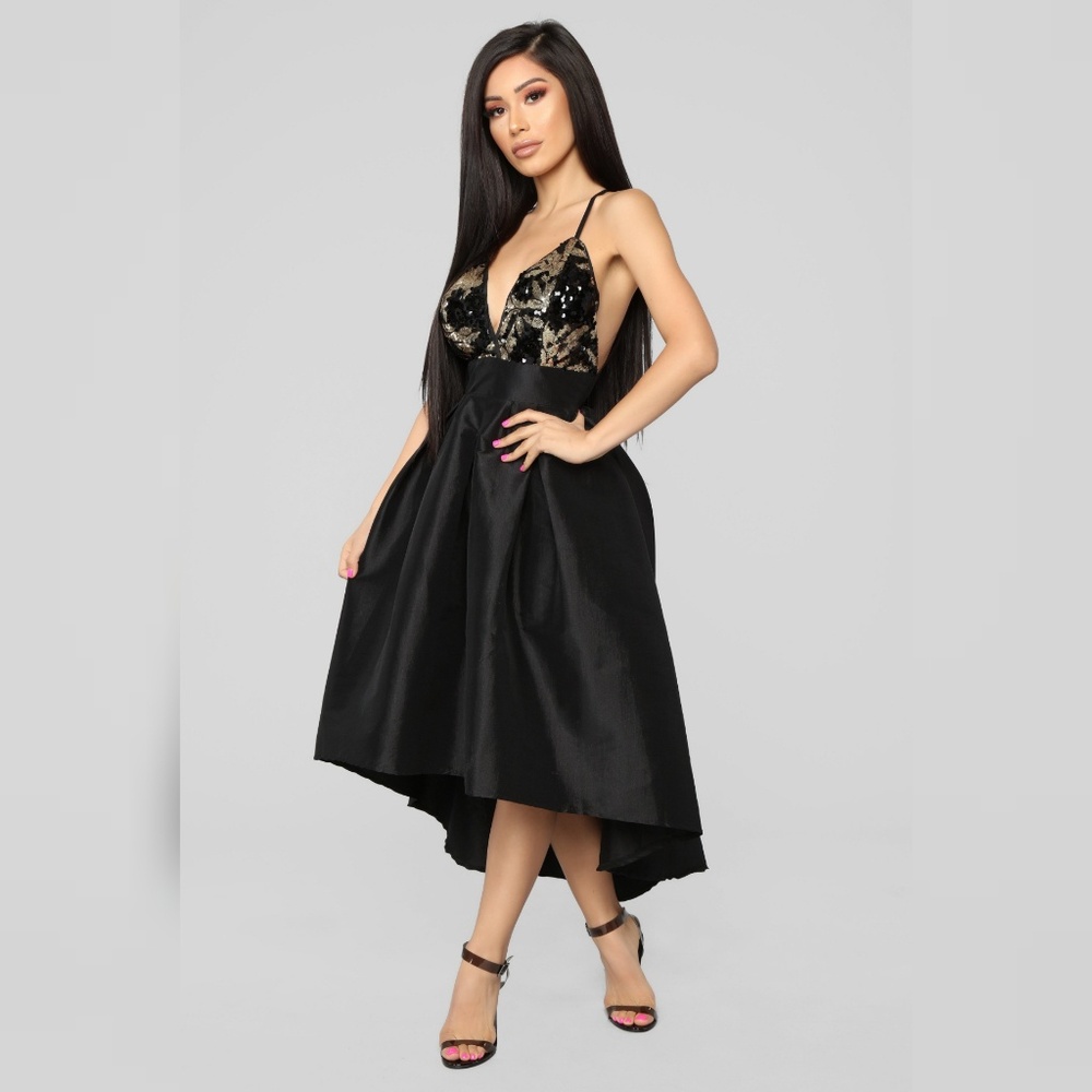 Black Gold Sequins Spaghetti Strap High Low Dress